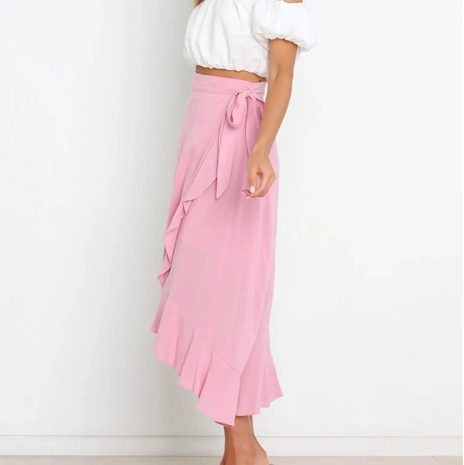 Wrap Skirts for Women Sexy Elegant Ruffle Asymmetrical Hem Maxi Skirts Summer Causal Solid Office Work Party Skirt