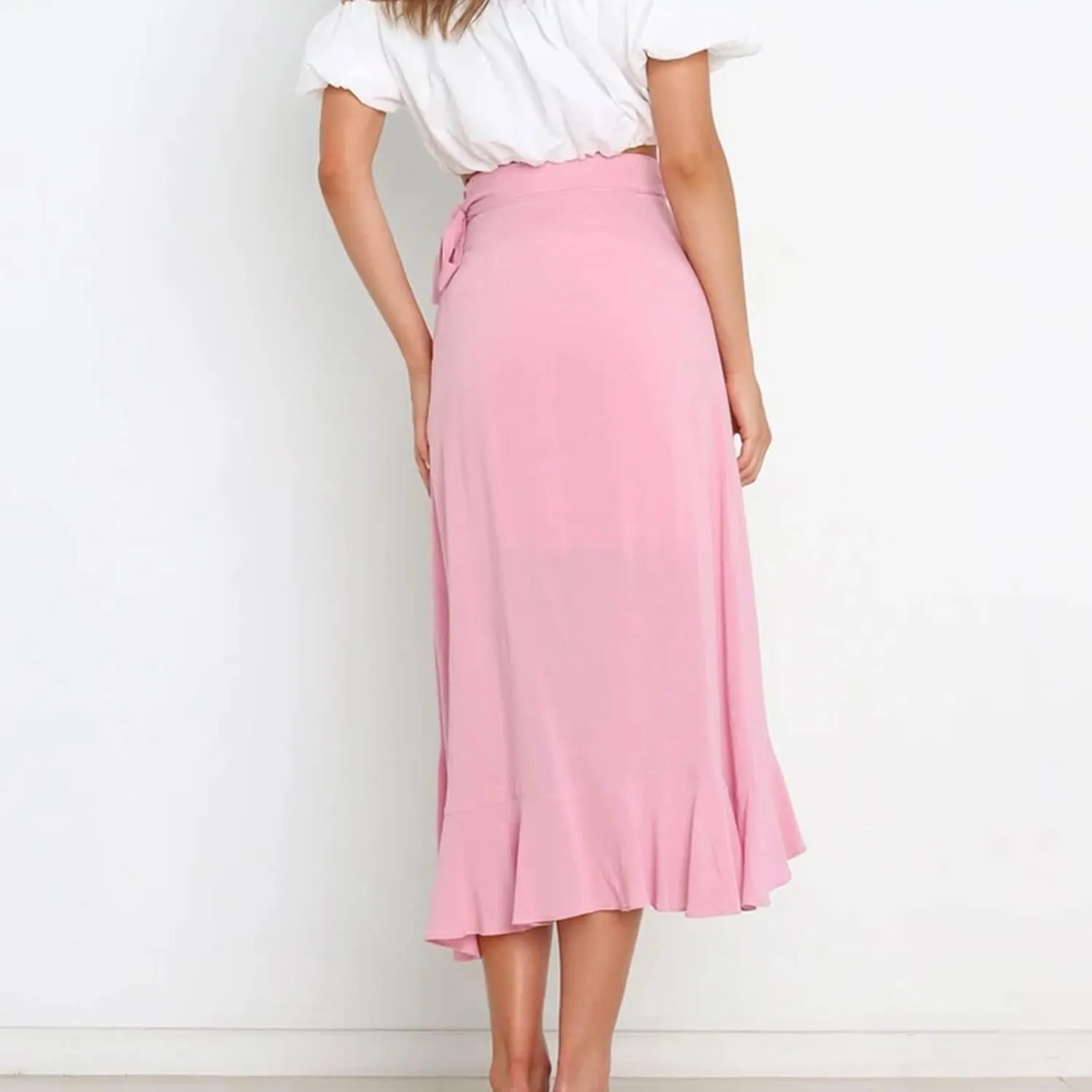 Wrap Skirts for Women Sexy Elegant Ruffle Asymmetrical Hem Maxi Skirts Summer Causal Solid Office Work Party Skirt
