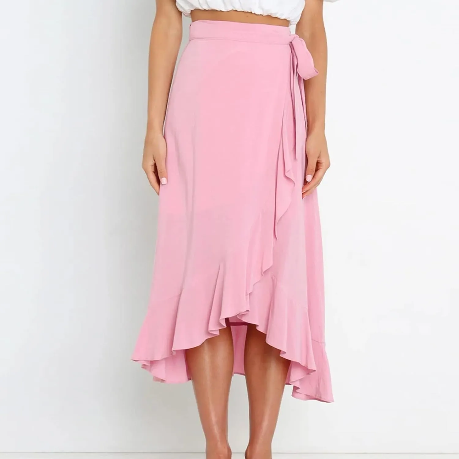 Wrap Skirts for Women Sexy Elegant Ruffle Asymmetrical Hem Maxi Skirts Summer Causal Solid Office Work Party Skirt