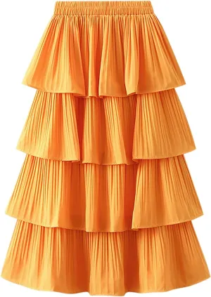 XIAOBU Cake Skirt Women's Elastic High Waist Midi Skirts Solid Tiered Pleated Long Skirt Casual A-Line Swing Skirt Orange