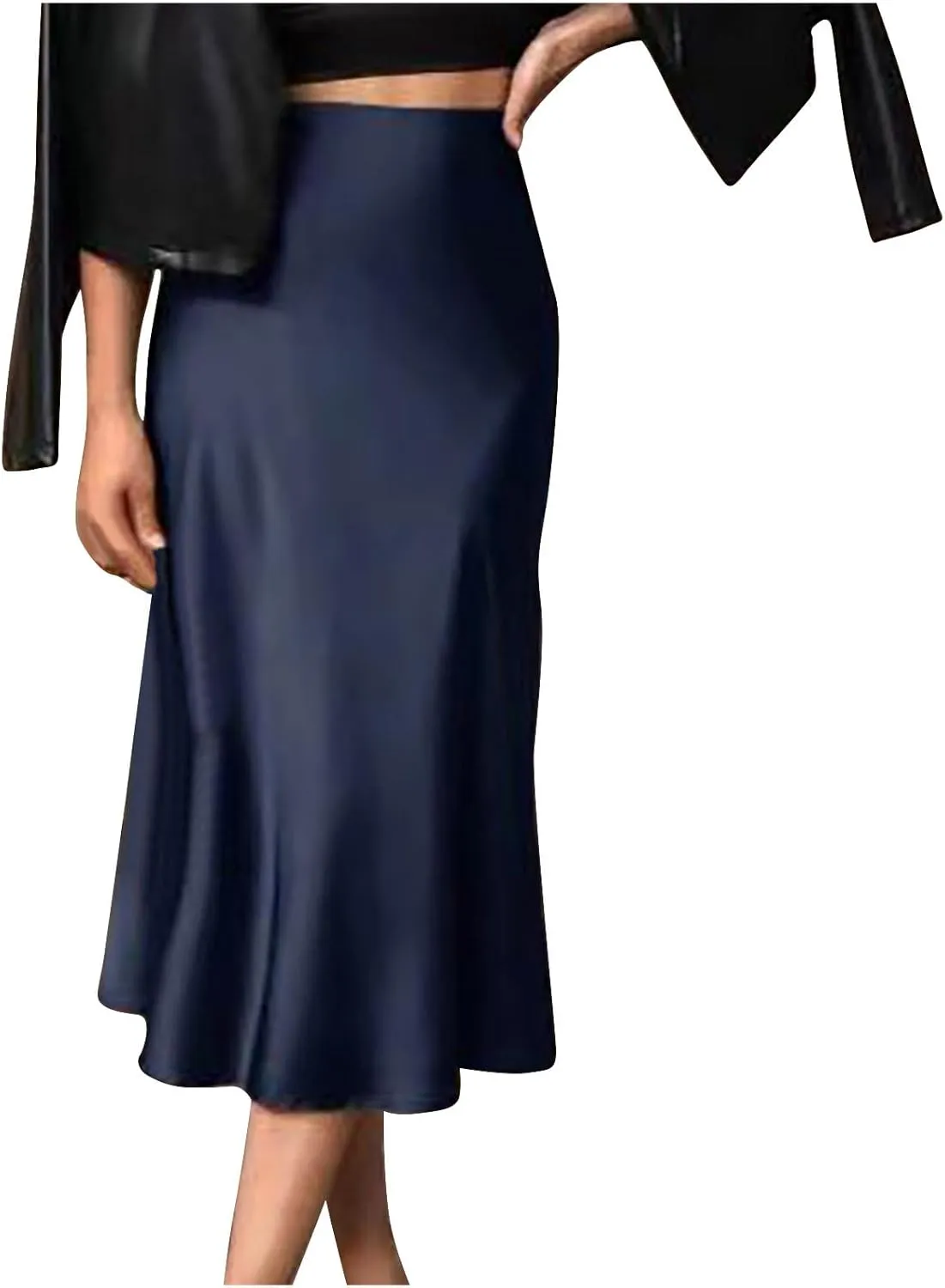 Xiaojmake Satin Skirts for Women Trendy High Waisted Waistband Flared Casual A Line Midi Skirt Zipper Elegant Work Skirts