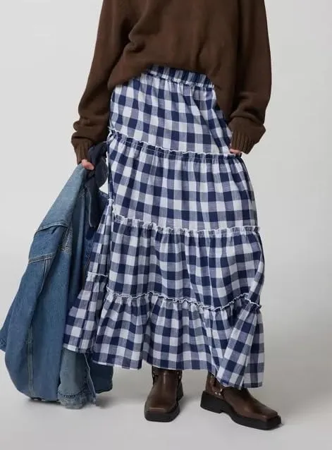 Y2k Plaid Tiered Maxi Skirt for Women Vintage Gingham A Line Long Skirt Summer Ruffle Flowy Swing Midi Skirt