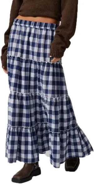Y2k Plaid Tiered Maxi Skirt for Women Vintage Gingham A Line Long Skirt Summer Ruffle Flowy Swing Midi Skirt