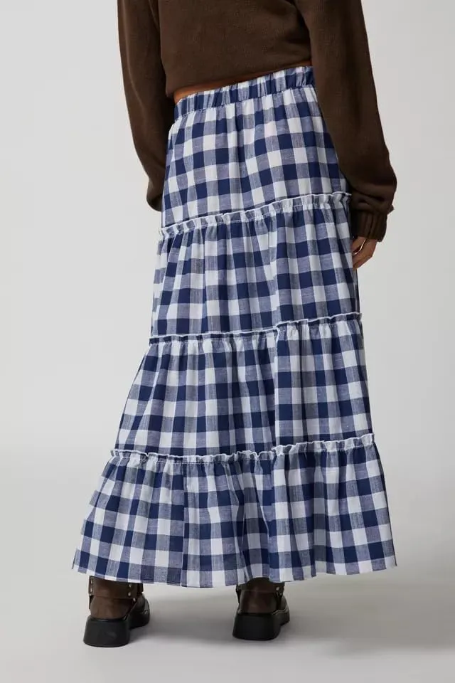 Y2k Plaid Tiered Maxi Skirt for Women Vintage Gingham A Line Long Skirt Summer Ruffle Flowy Swing Midi Skirt