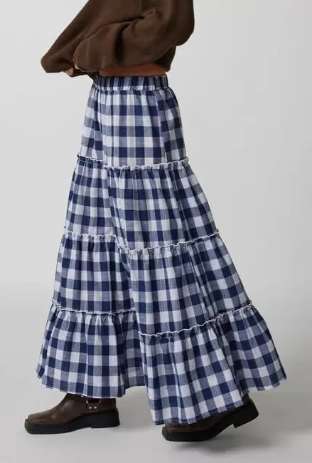 Y2k Plaid Tiered Maxi Skirt for Women Vintage Gingham A Line Long Skirt Summer Ruffle Flowy Swing Midi Skirt
