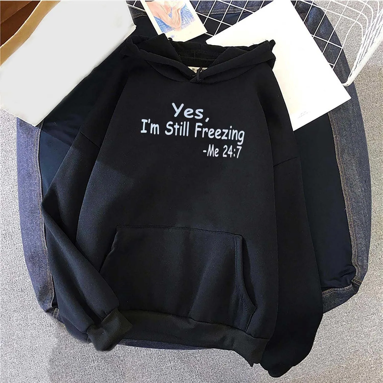 Yes, I'm Still Freezing Me 24:7 Hoodies for Women Drop Shoulder Oversized Sweatshirts Long Sleeve Casual Pullover