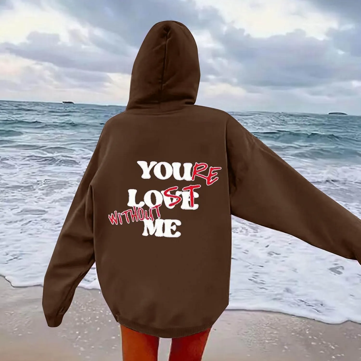You Love Me Back Letter Print Oversize Hoodies Women Drop Shoulder Long Sleeve Pullover Tops Hooded Fleece Fall Sweatshirts