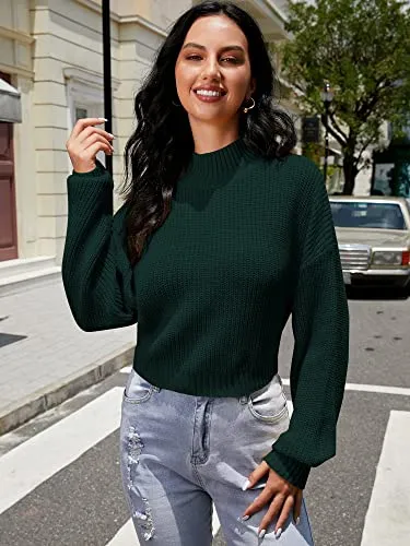 ZAFUL Women's Cropped Turtleneck Sweater Lantern Sleeve Ribbed Knit Pullover Sweater Jumper (1-Green, M)