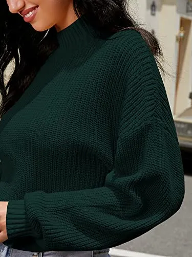 ZAFUL Women's Cropped Turtleneck Sweater Lantern Sleeve Ribbed Knit Pullover Sweater Jumper (1-Green, M)