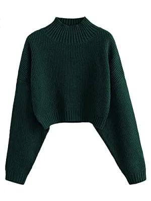 ZAFUL Women's Cropped Turtleneck Sweater Lantern Sleeve Ribbed Knit Pullover Sweater Jumper (1-Green, M)