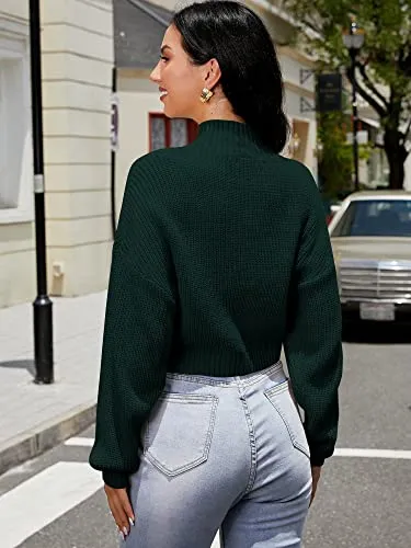 ZAFUL Women's Cropped Turtleneck Sweater Lantern Sleeve Ribbed Knit Pullover Sweater Jumper (1-Green, M)