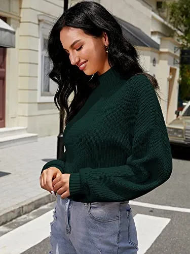 ZAFUL Women's Cropped Turtleneck Sweater Lantern Sleeve Ribbed Knit Pullover Sweater Jumper (1-Green, M)