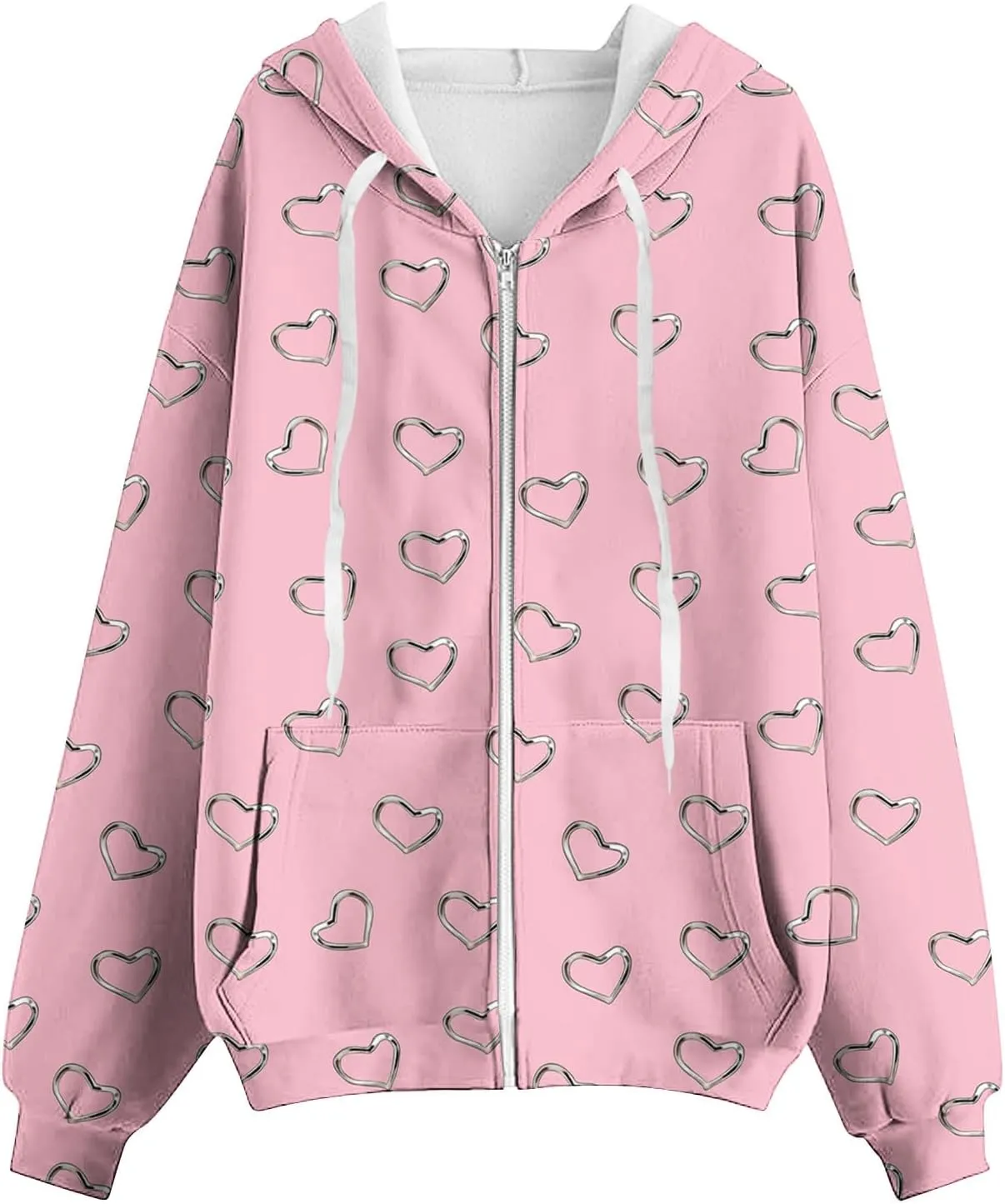 Zip Up Hoodie for Women Heart Print Long Sleeve Sweatshirts Fall Outfits 2024 Oversized Hoodies Casual Loose Jackets