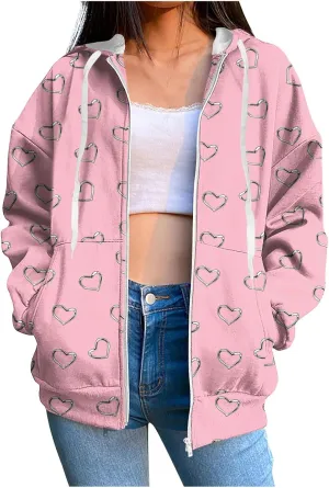 Zip Up Hoodie for Women Heart Print Long Sleeve Sweatshirts Fall Outfits 2024 Oversized Hoodies Casual Loose Jackets
