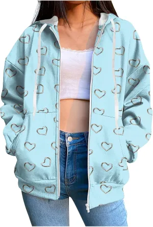Zip Up Hoodie for Women Heart Print Long Sleeve Sweatshirts Fall Outfits 2024 Oversized Hoodies Casual Loose Jackets