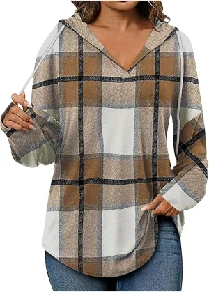ZWRXW Womens Plaid Hoodies Oversized Drawstring Long Sleeve Pullover Casual Loose Fit V Neck Shirts Fashion Tunic Tops